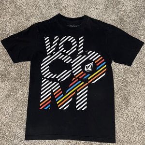 Volcom black tee shirt with colored stripes on front and back